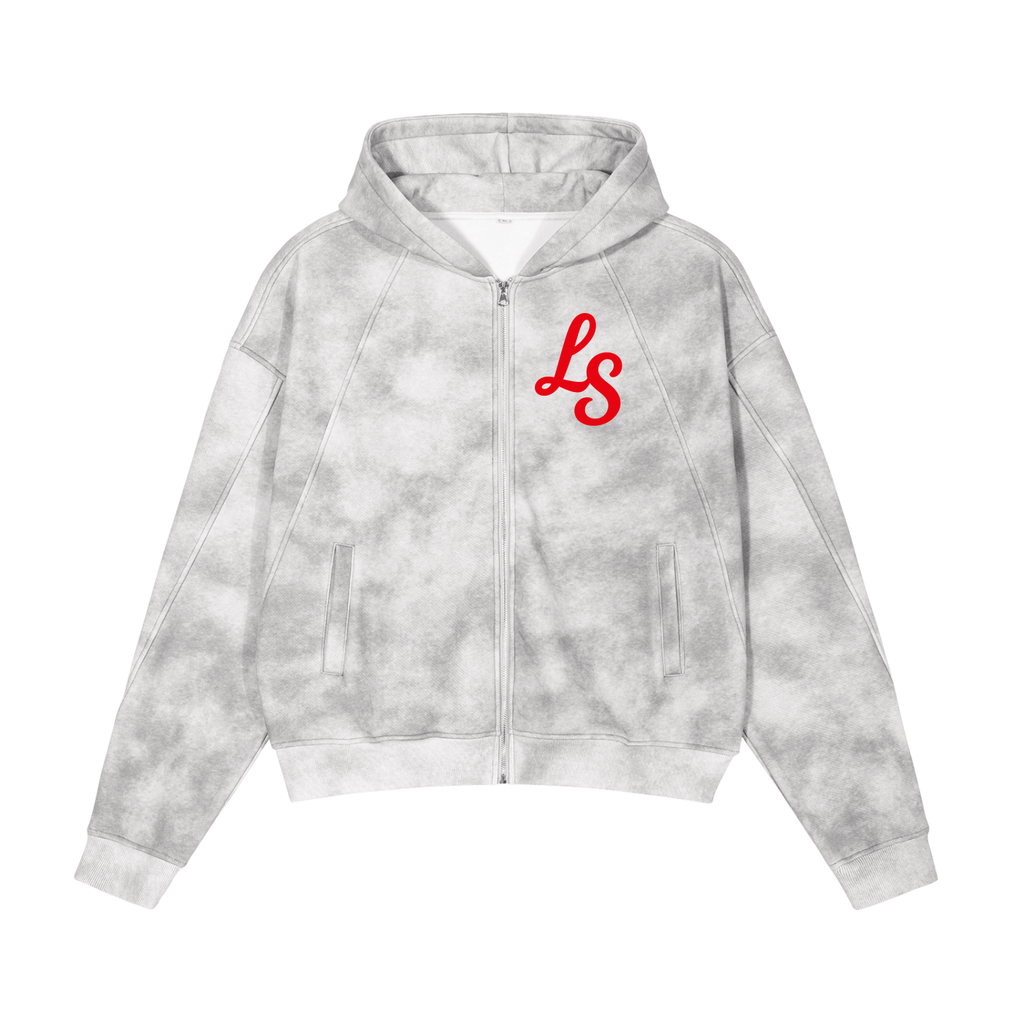 LS - Dirty Red Washed Zip-Up Fleece Hoodie